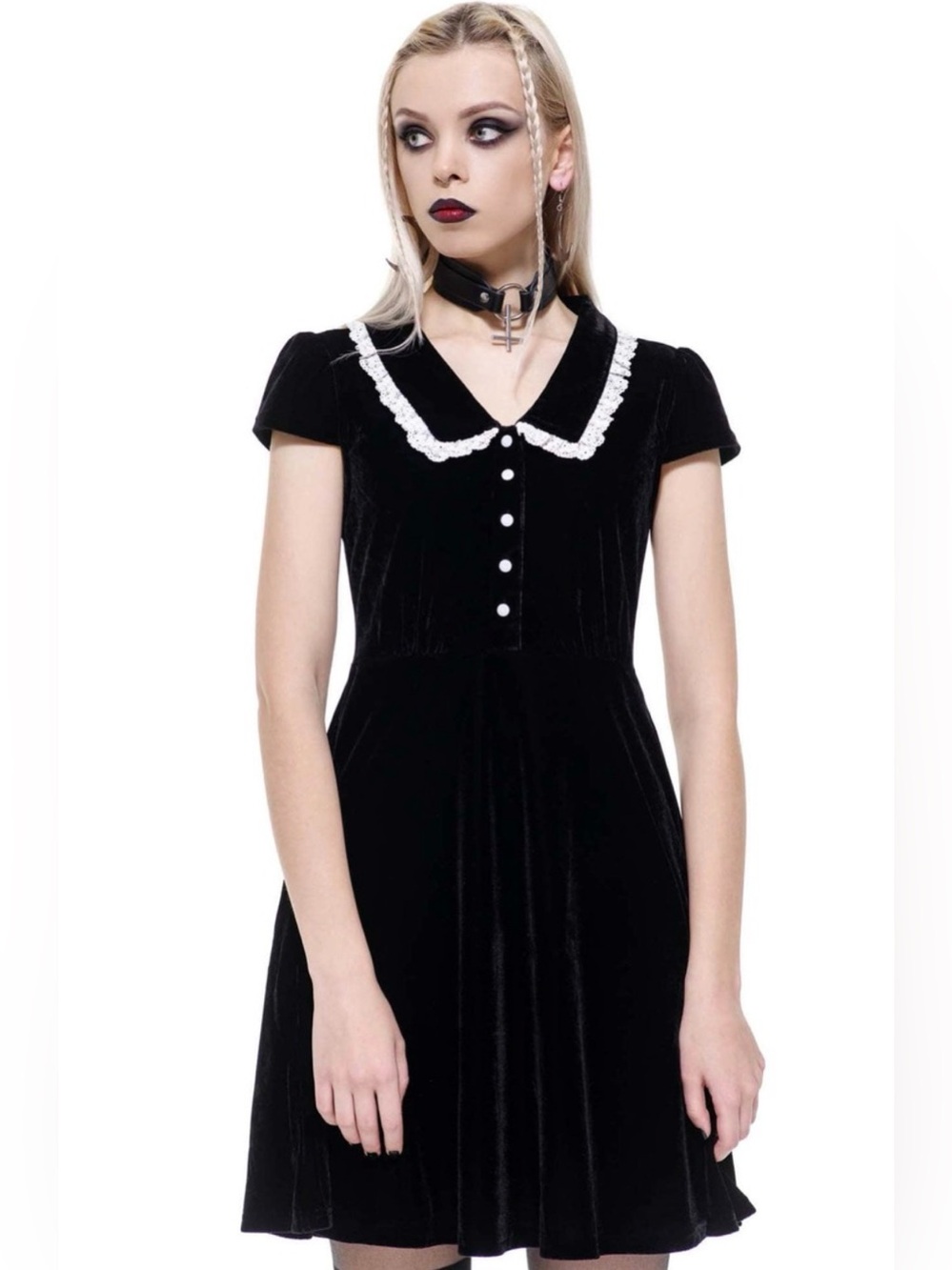 Killstar Black Crushed Velvet Every Mourning Lace Collar Dress Medium Goth Punk